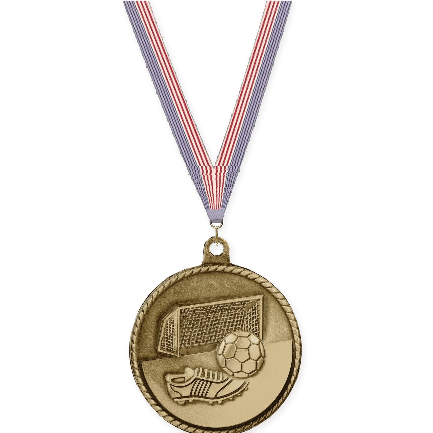 2 inch soccer High Relief medal in antique gold with USA Flag neck ribbon