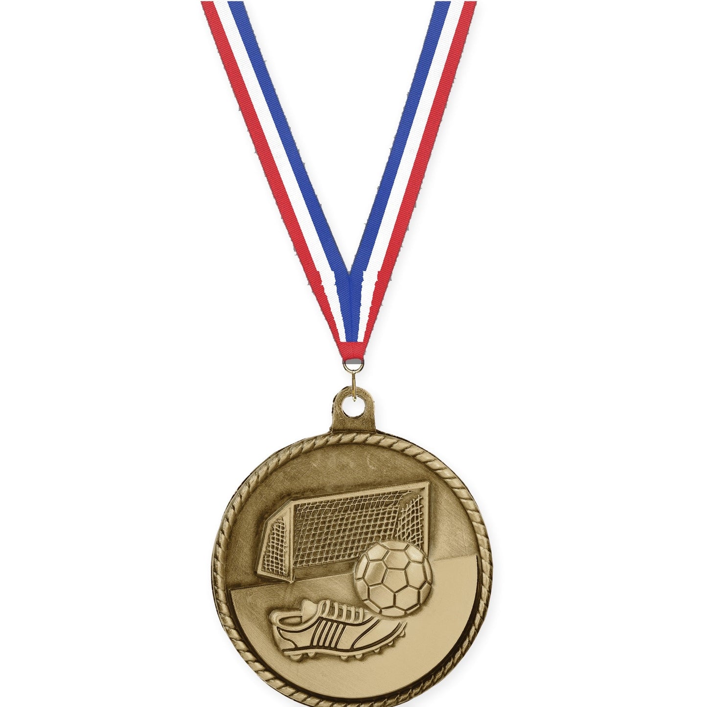2 inch soccer High Relief medal in antique gold with Red White Blue neck ribbon