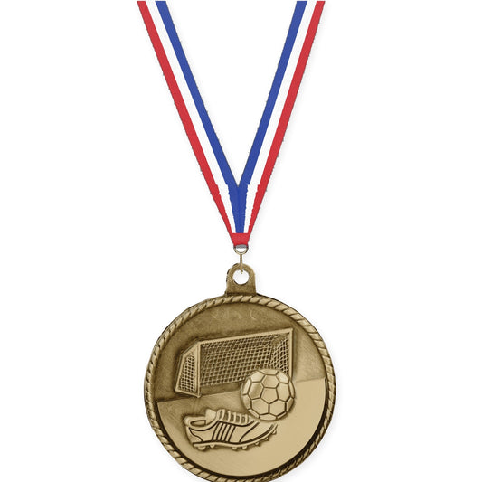 2 inch soccer High Relief medal in antique gold with Red White Blue neck ribbon
