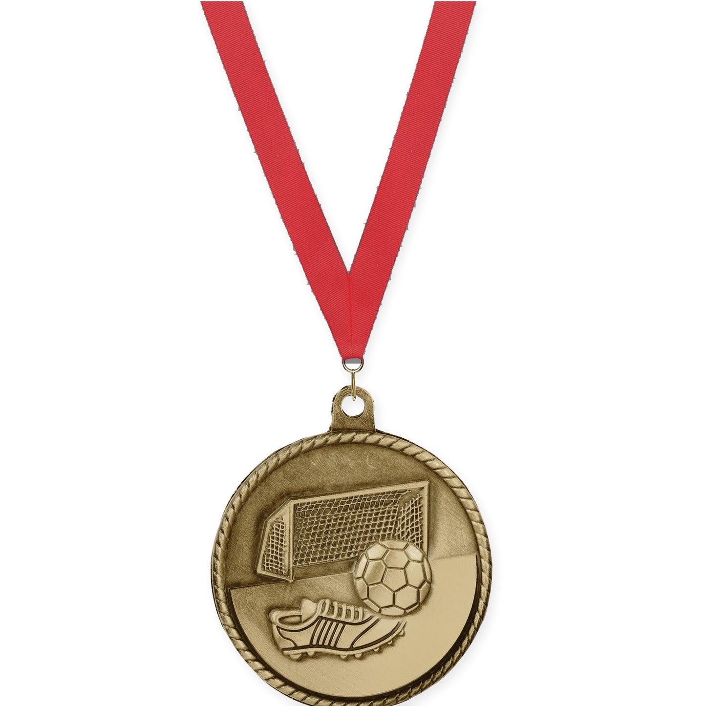 2 inch soccer High Relief medal in antique gold with Red neck ribbon