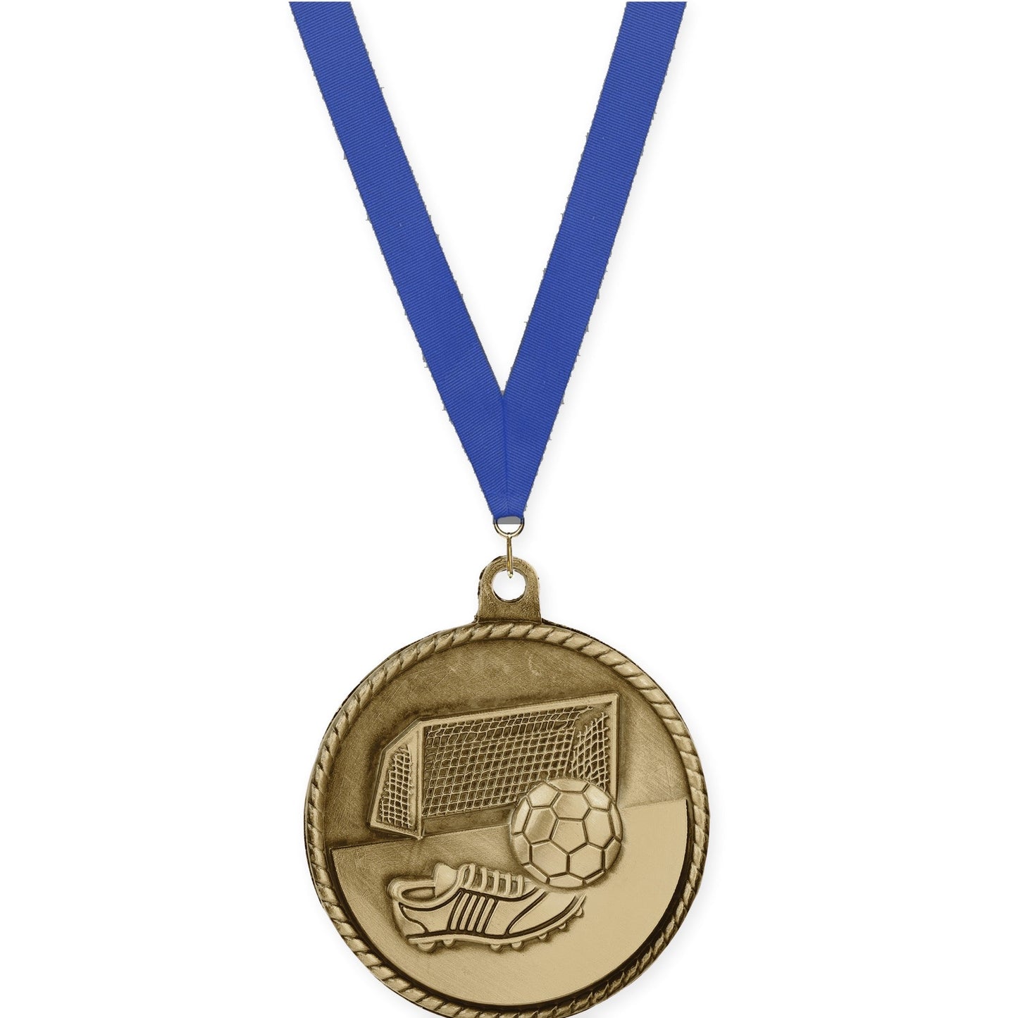 2 inch soccer High Relief medal in antique gold with Blue neck ribbon