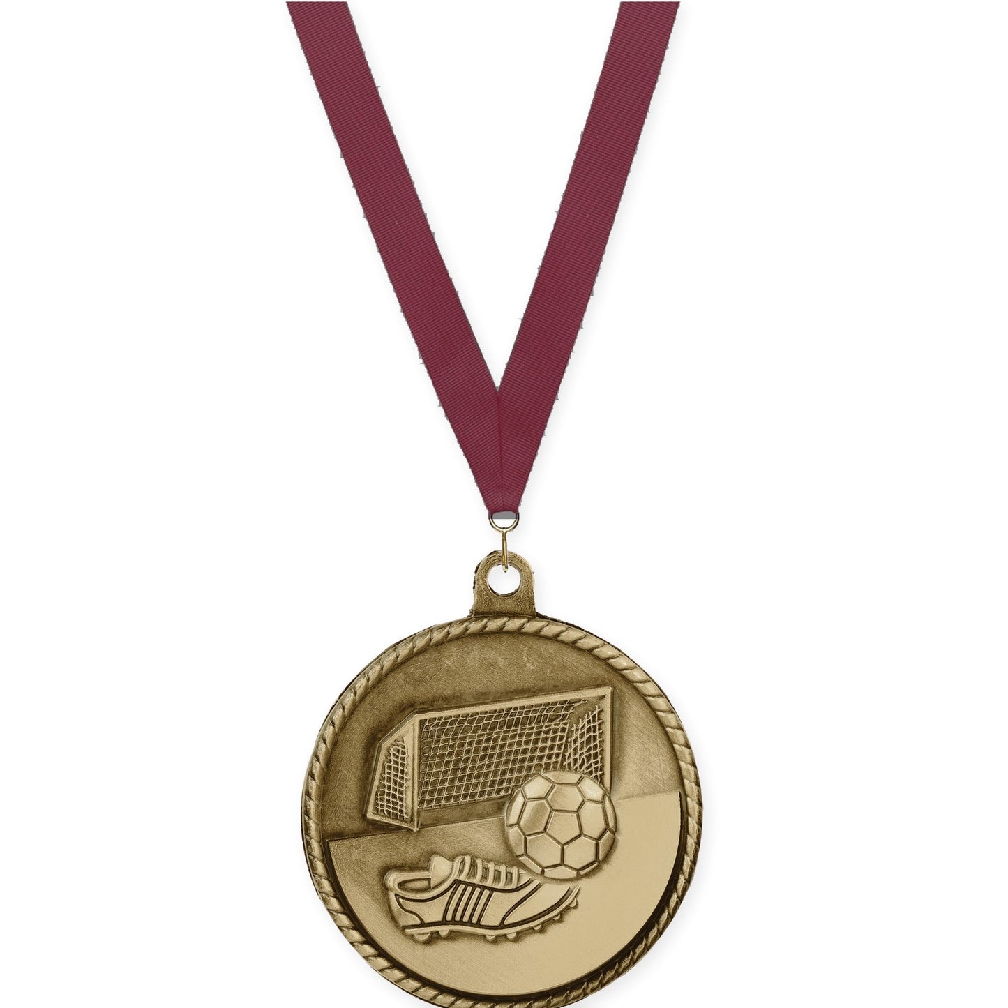 2 inch soccer High Relief medal in antique gold with Maroon neck ribbon
