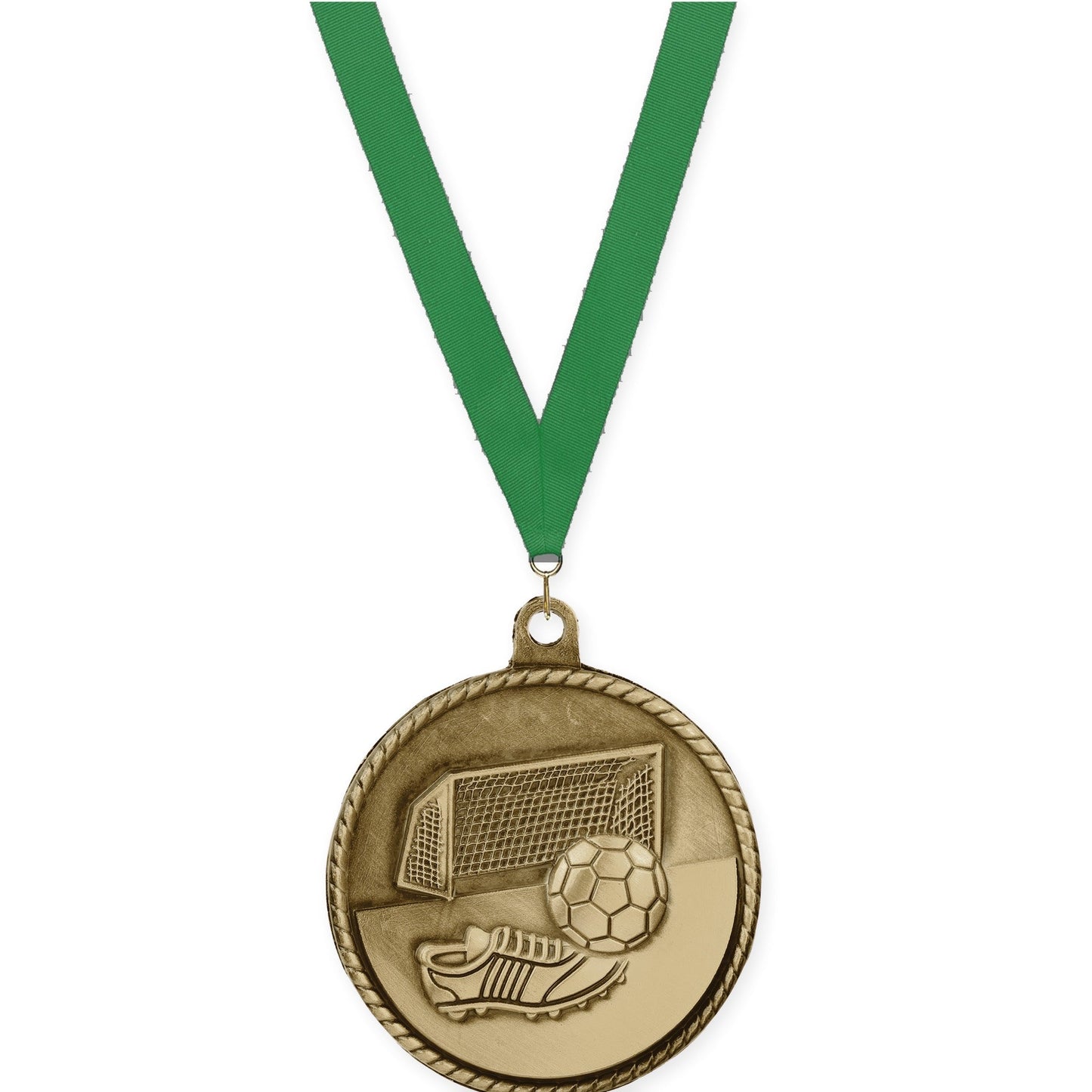 2 inch soccer High Relief medal in antique gold with Green neck ribbon