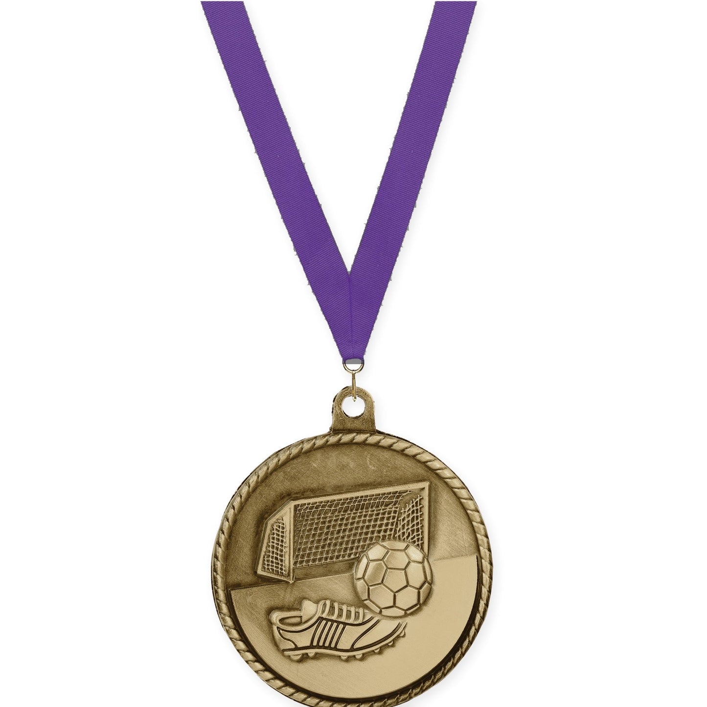 2 inch soccer High Relief medal in antique gold with Purple neck ribbon