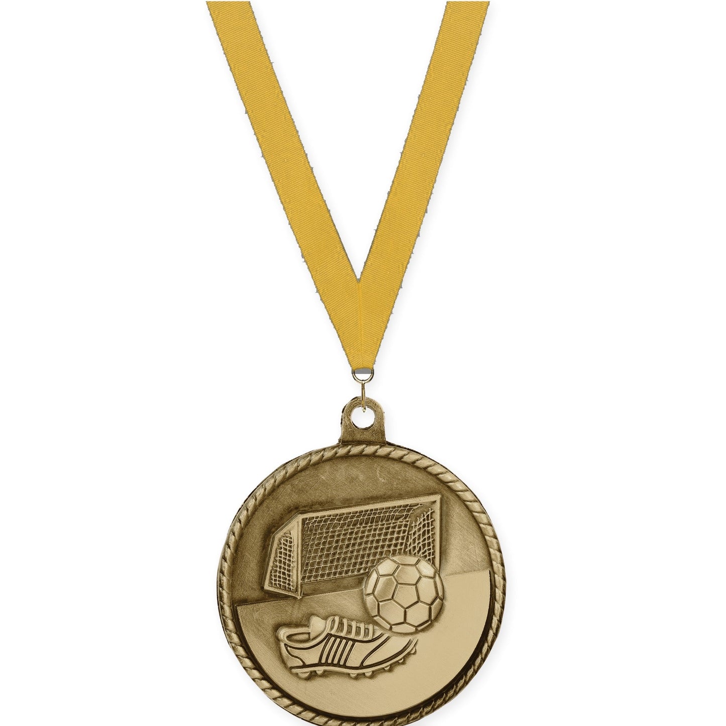 2 inch soccer High Relief medal in antique gold with Gold neck ribbon