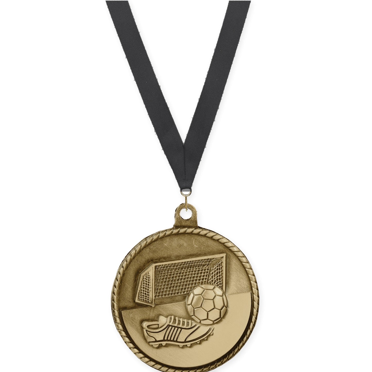 2 inch soccer High Relief medal in antique gold with Black neck ribbon