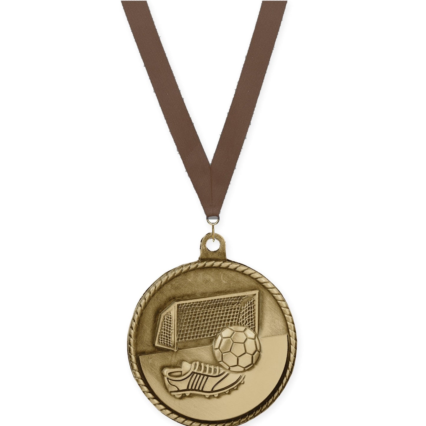 2 inch soccer High Relief medal in antique gold with Brown neck ribbon