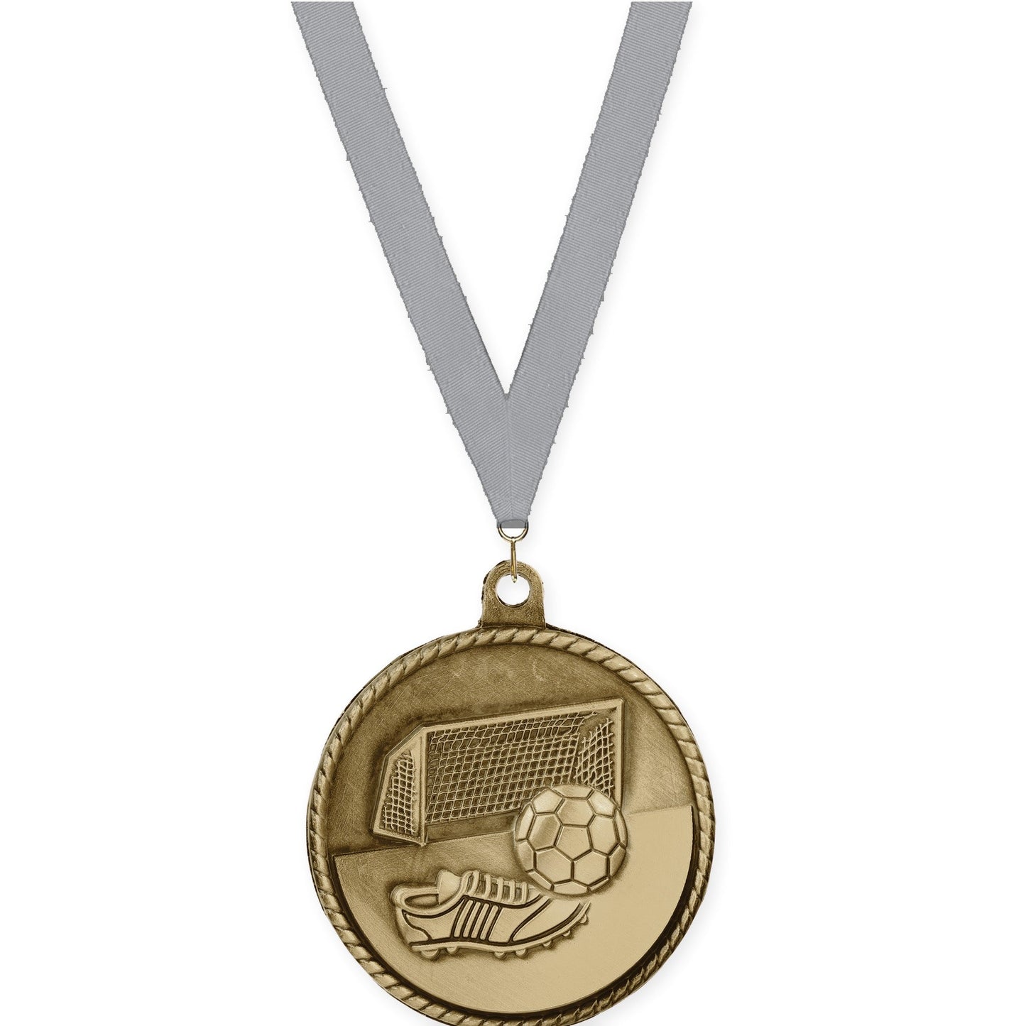 2 inch soccer High Relief medal in antique gold with Gray neck ribbon