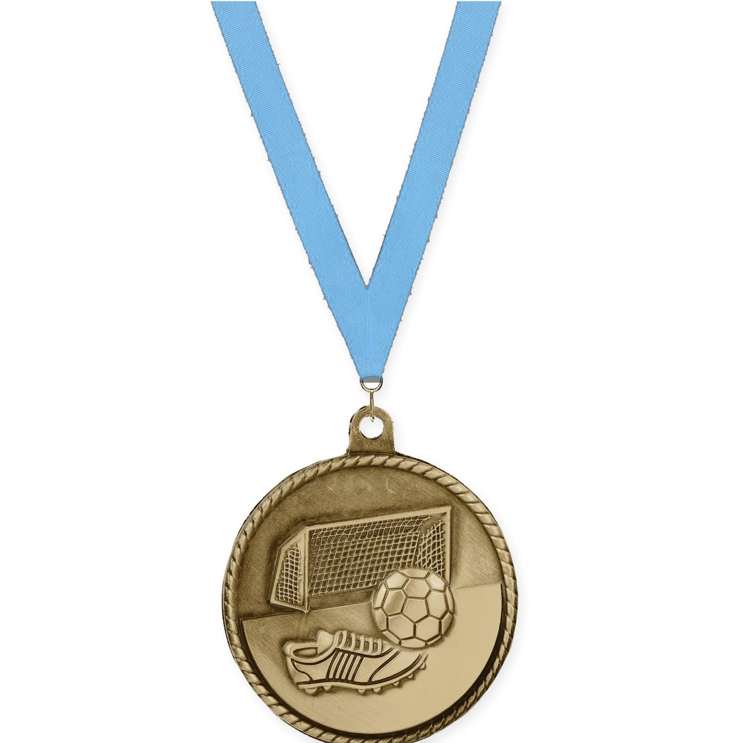 2 inch soccer High Relief medal in antique gold with Light Blue neck ribbon