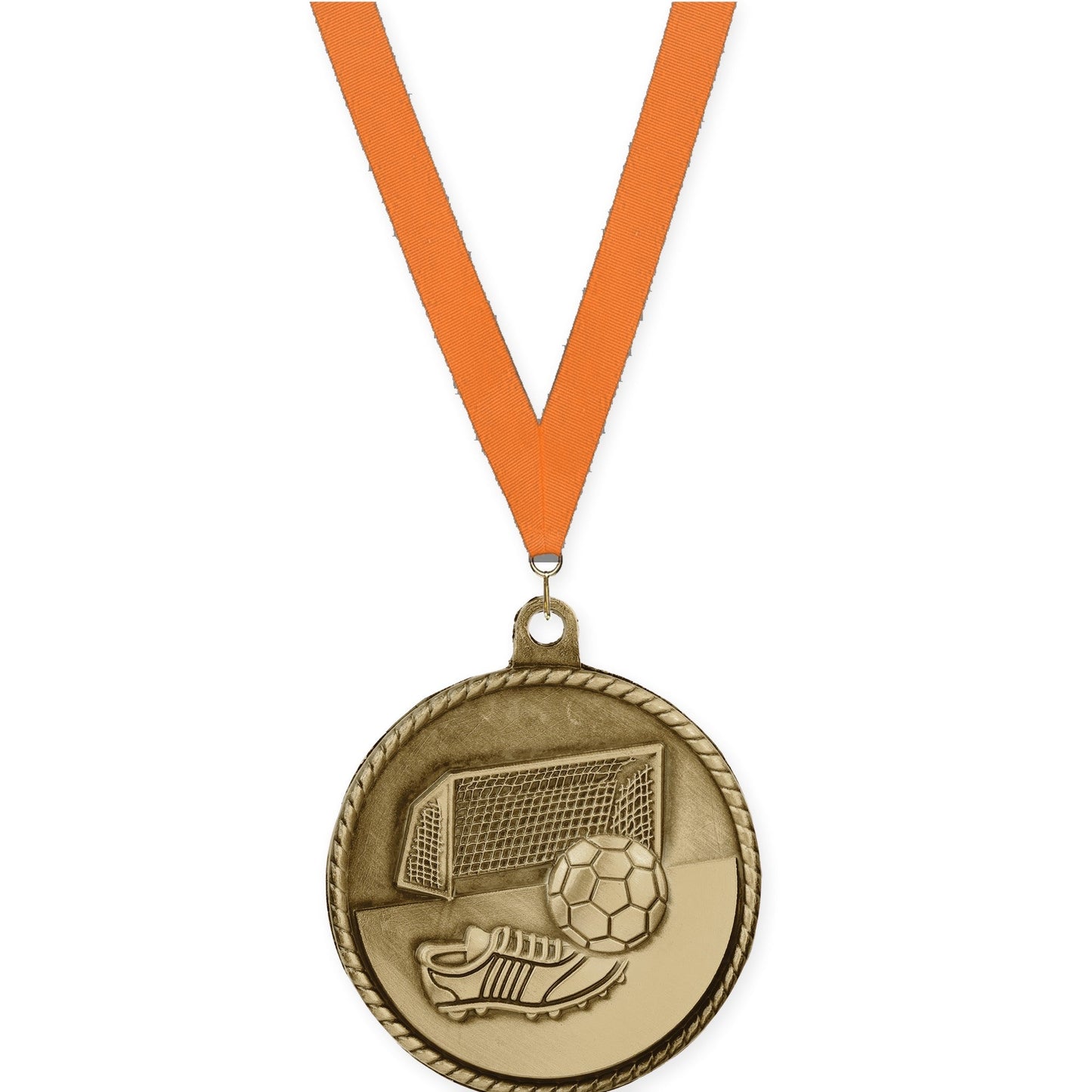 2 inch soccer High Relief medal in antique gold with Orange neck ribbon