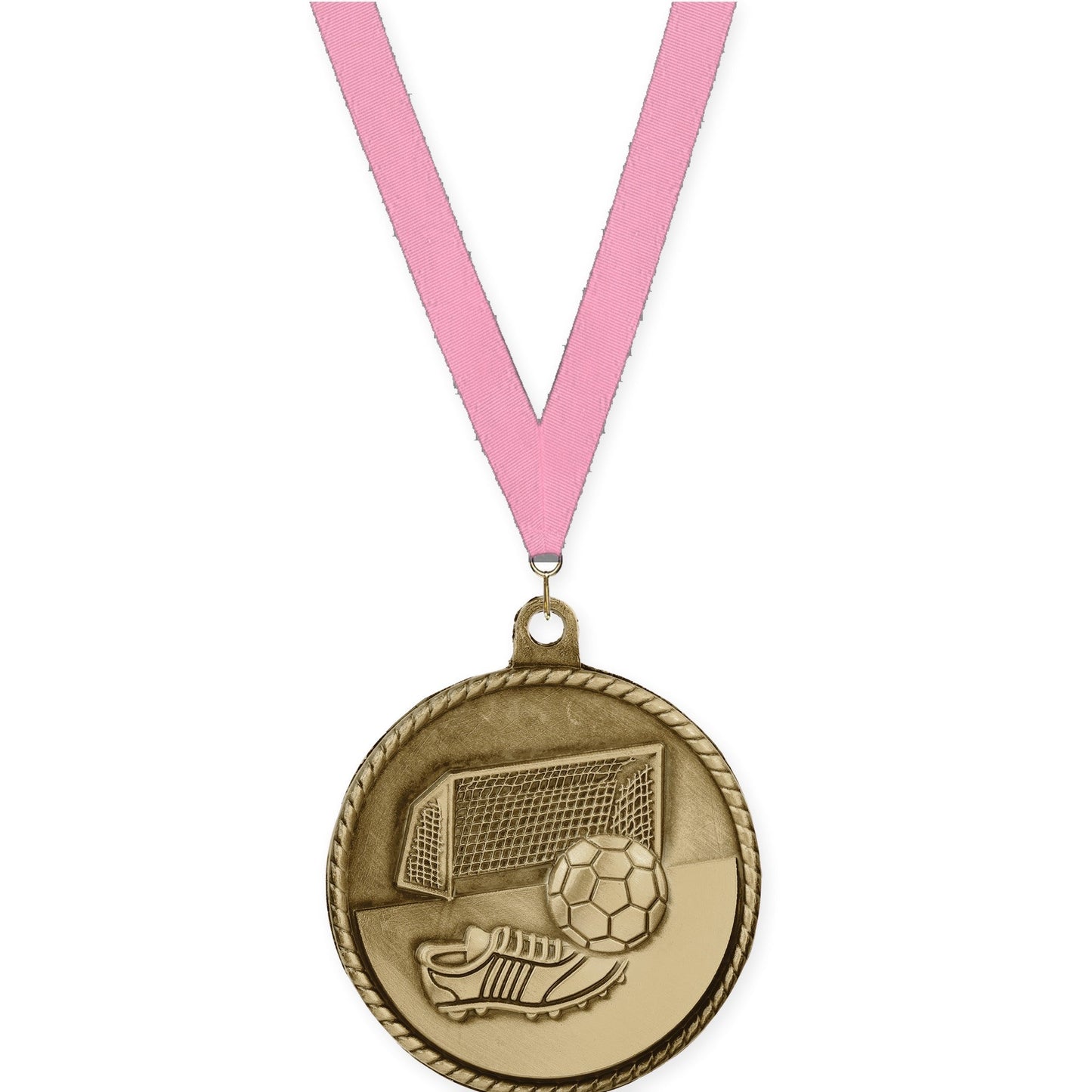 2 inch soccer High Relief medal in antique gold with Pink neck ribbon