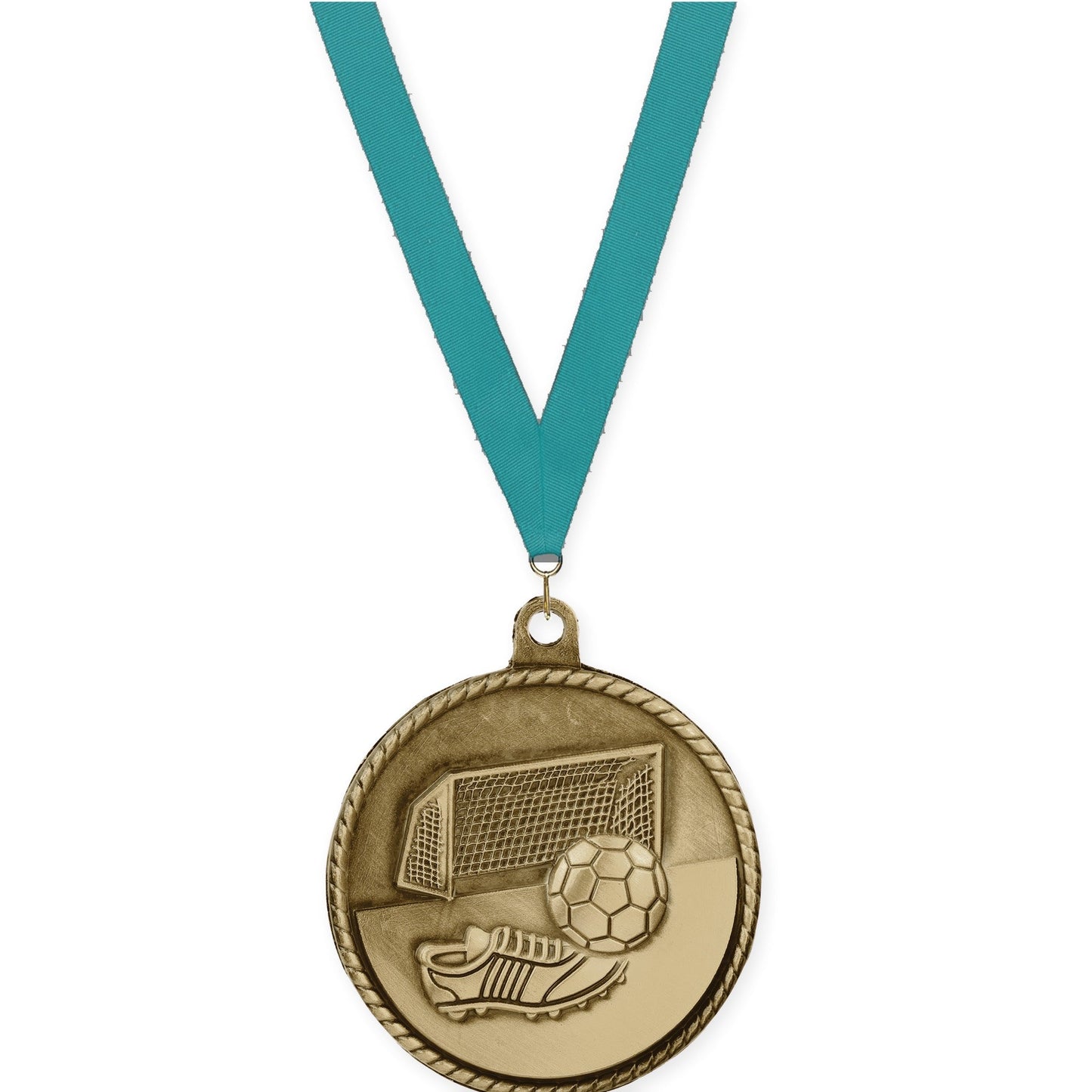 2 inch soccer High Relief medal in antique gold with Teal neck ribbon