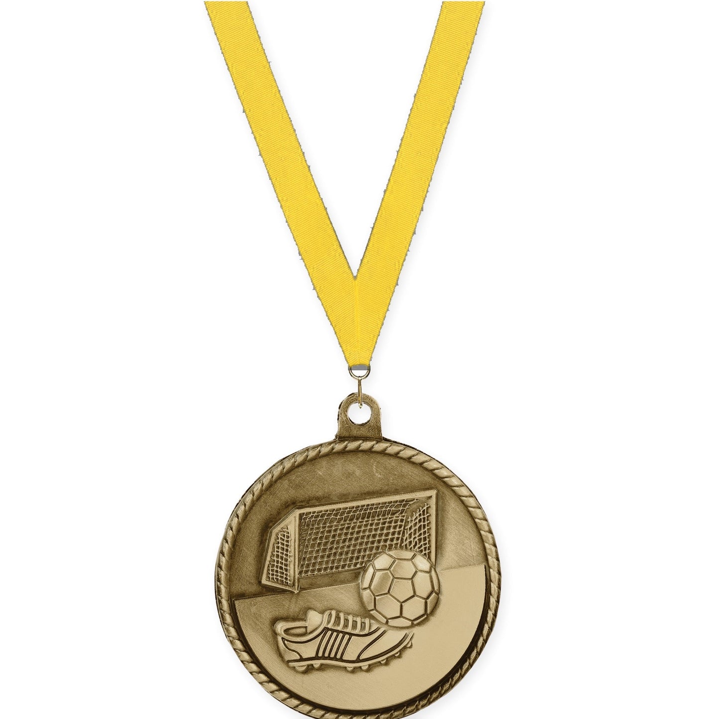 2 inch soccer High Relief medal in antique gold with Yellow neck ribbon