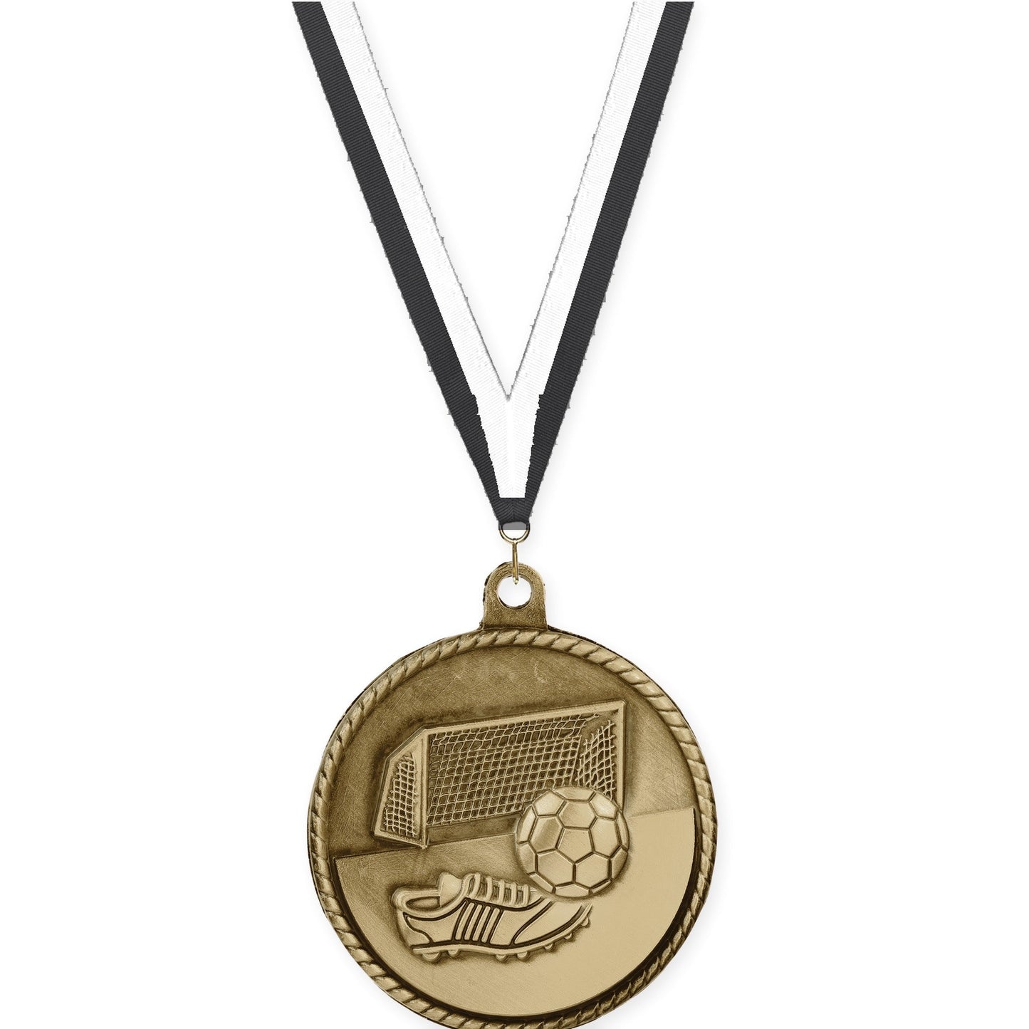 2 inch soccer High Relief medal in antique gold with Black White neck ribbon