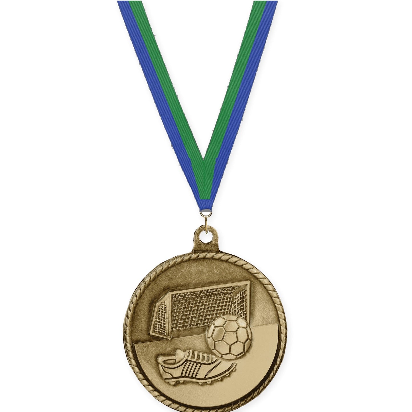 2 inch soccer High Relief medal in antique gold with Blue Green neck ribbon