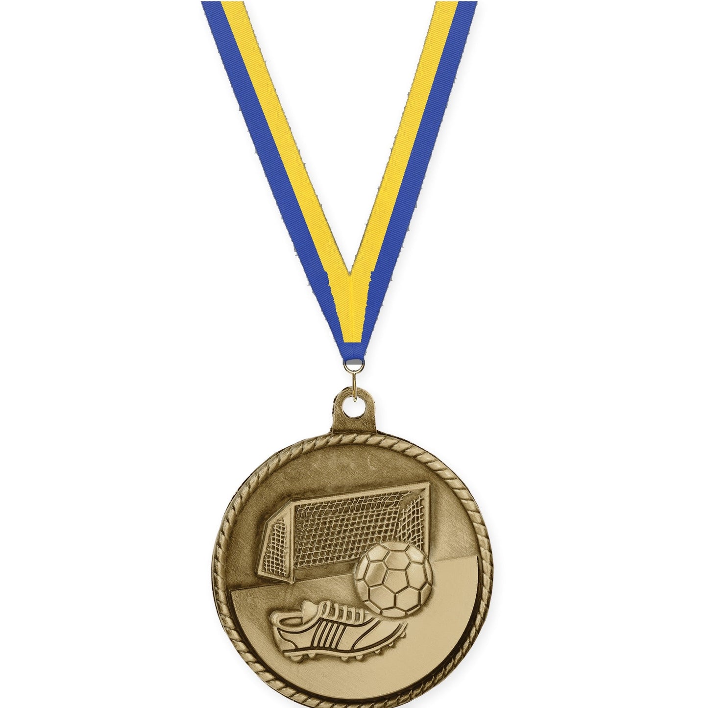 2 inch soccer High Relief medal in antique gold with Blue Yellow neck ribbon