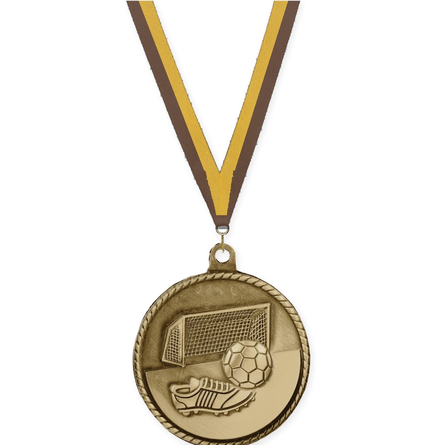 2 inch soccer High Relief medal in antique gold with Brown Gold neck ribbon