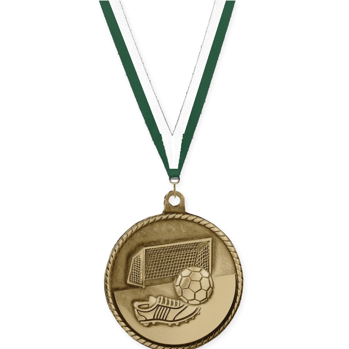 2 inch soccer High Relief medal in antique gold with Hunter Green White neck ribbon