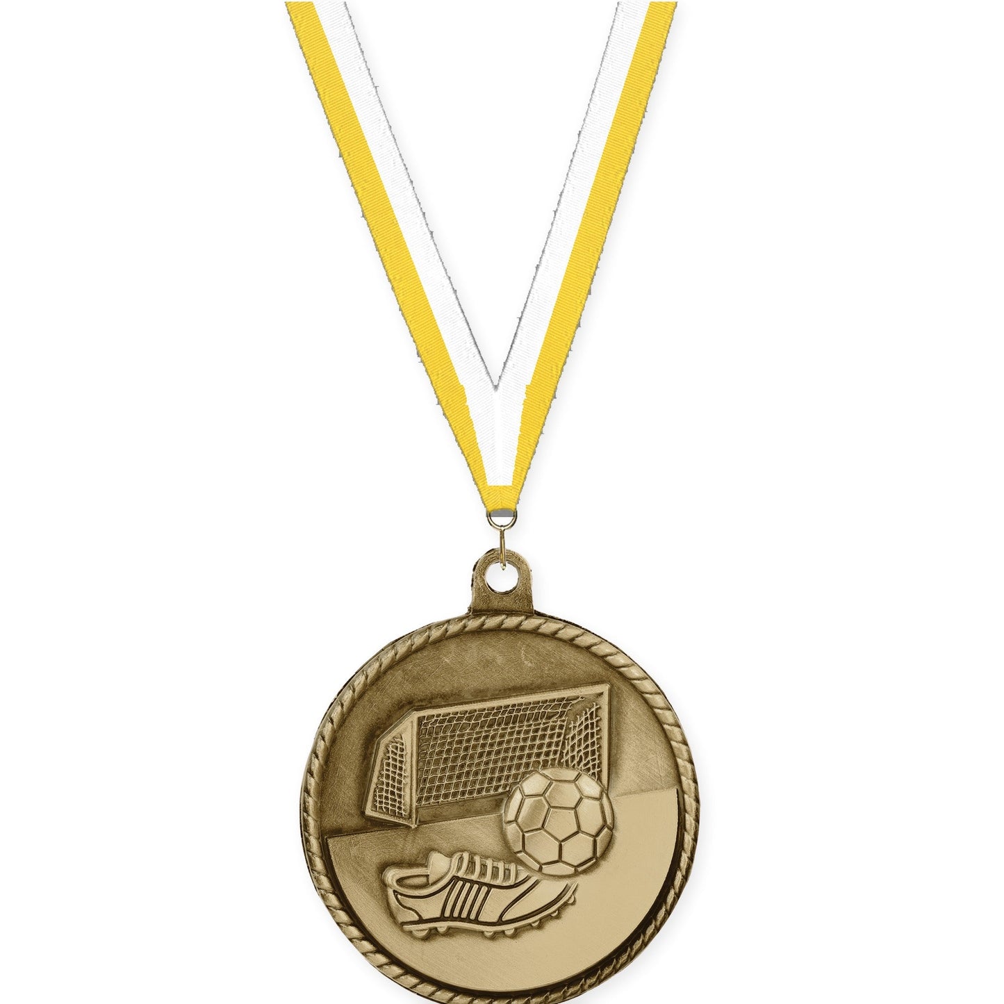 2 inch soccer High Relief medal in antique gold with Yellow White neck ribbon