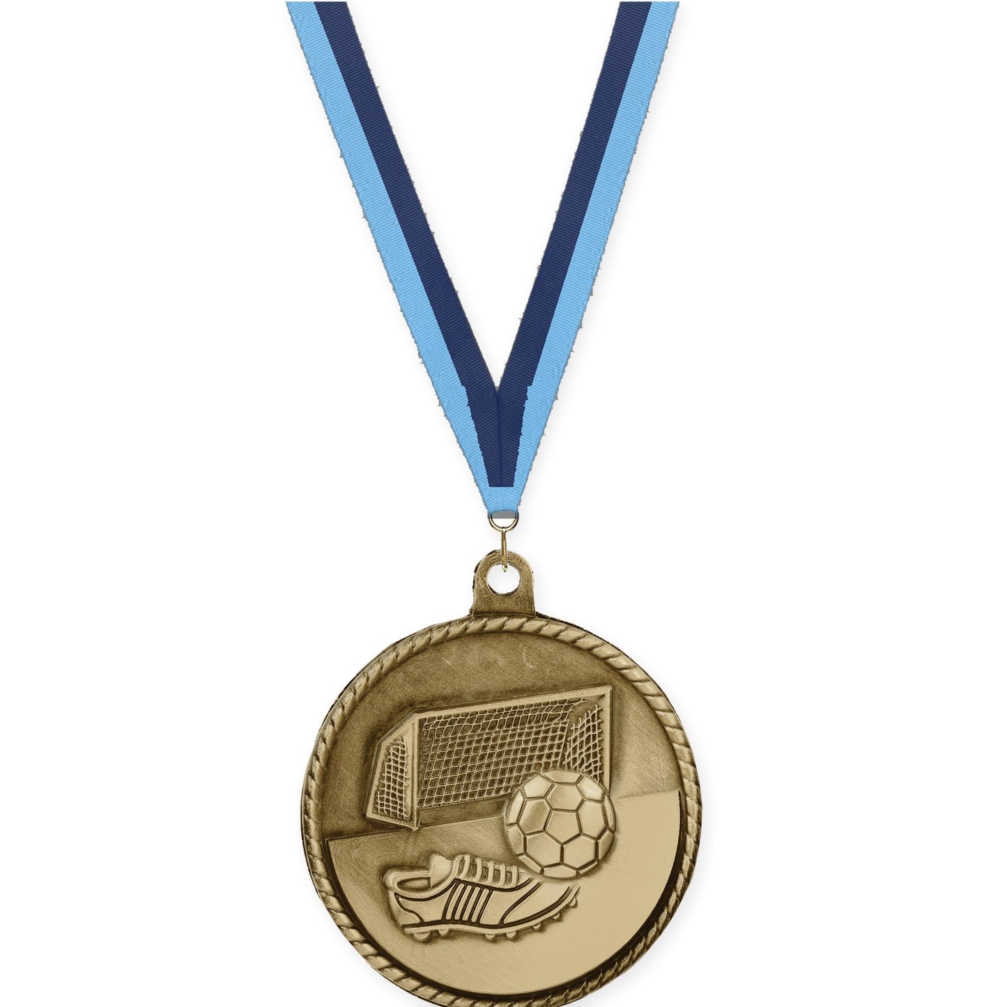 2 inch soccer High Relief medal in antique gold with Light Blue Navy neck ribbon