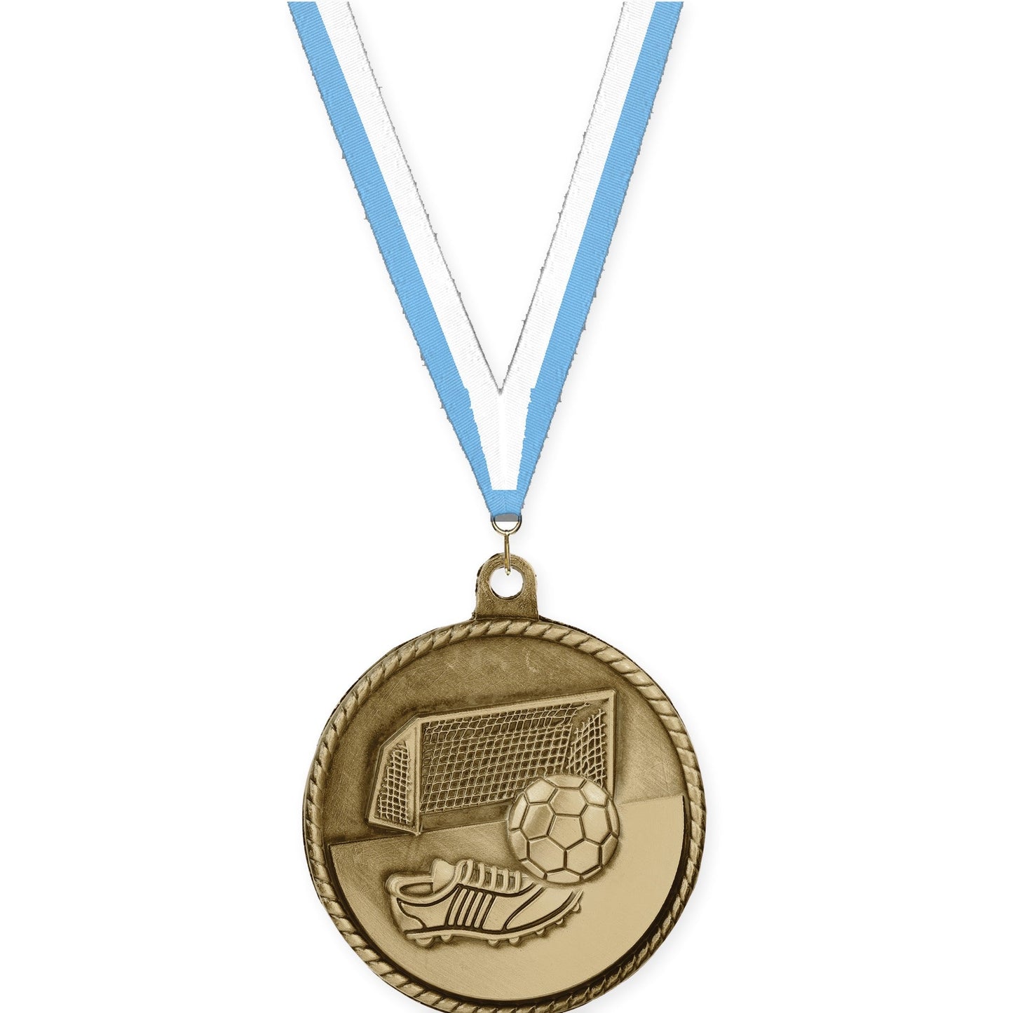 2 inch soccer High Relief medal in antique gold with Light Blue White neck ribbon