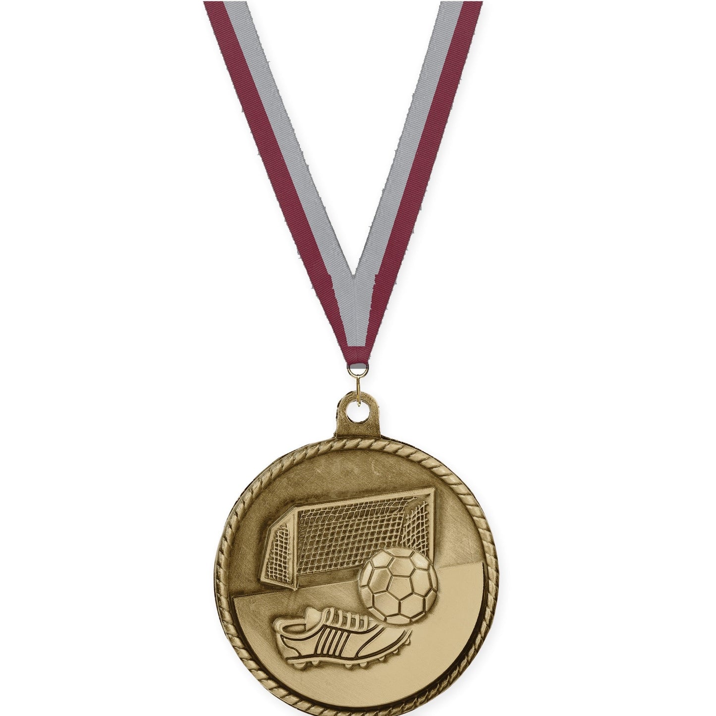 2 inch soccer High Relief medal in antique gold with Maroon Gray neck ribbon