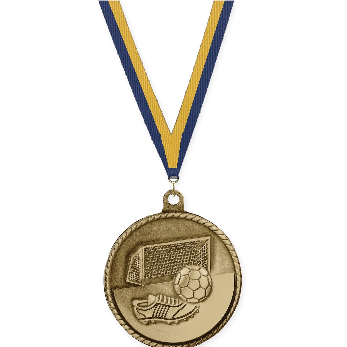 2 inch soccer High Relief medal in antique gold with Navy Gold neck ribbon