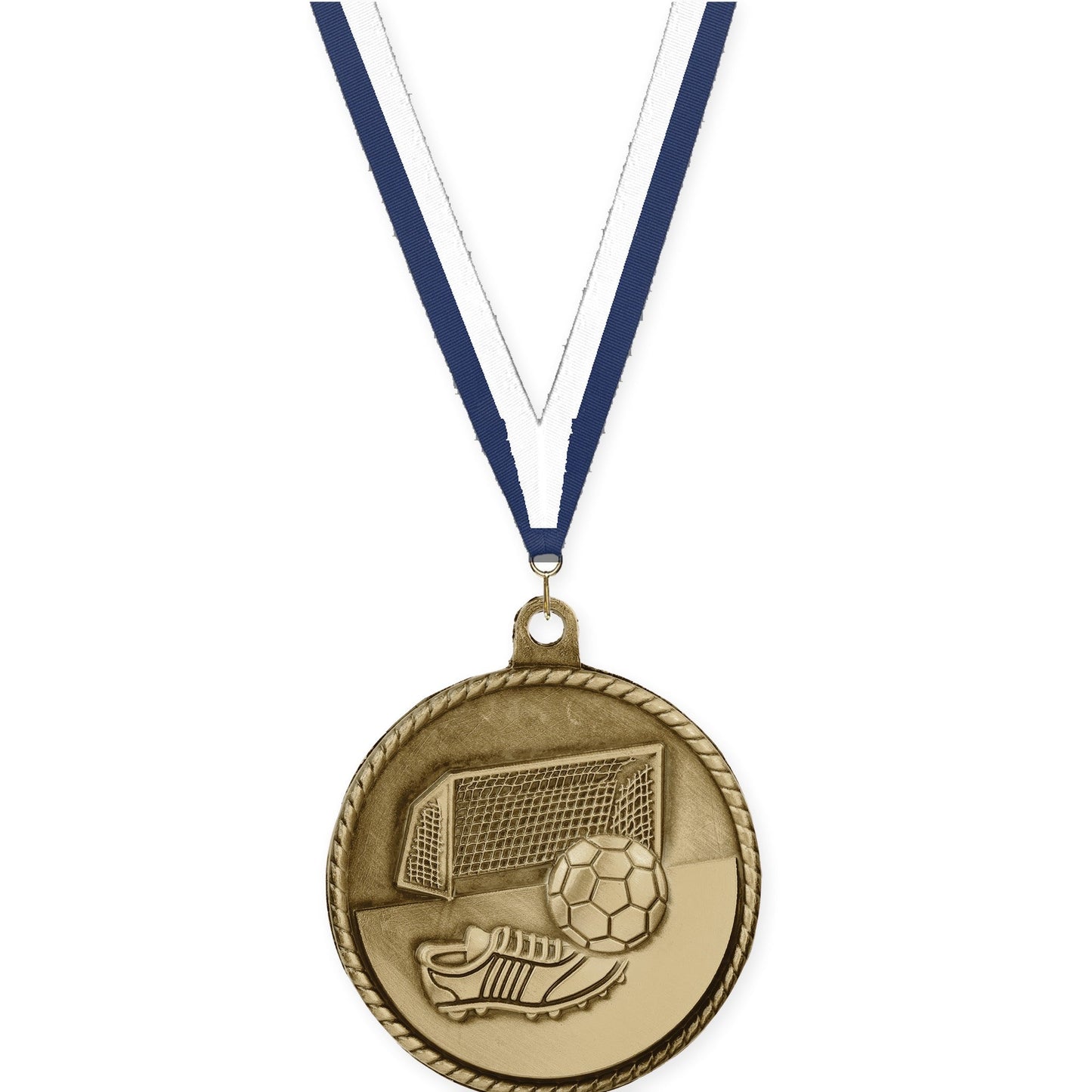 2 inch soccer High Relief medal in antique gold with Navy White neck ribbon