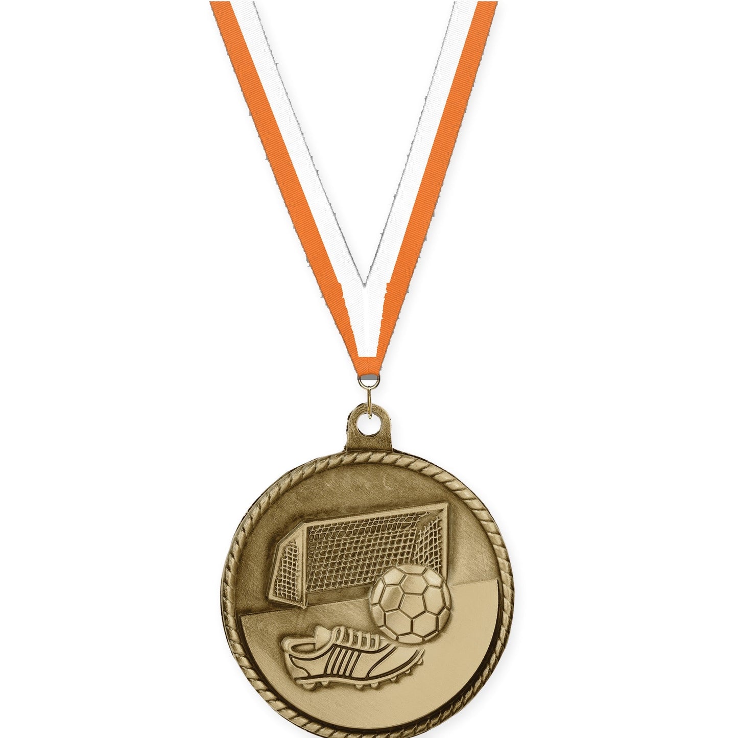 2 inch soccer High Relief medal in antique gold with Orange White neck ribbon