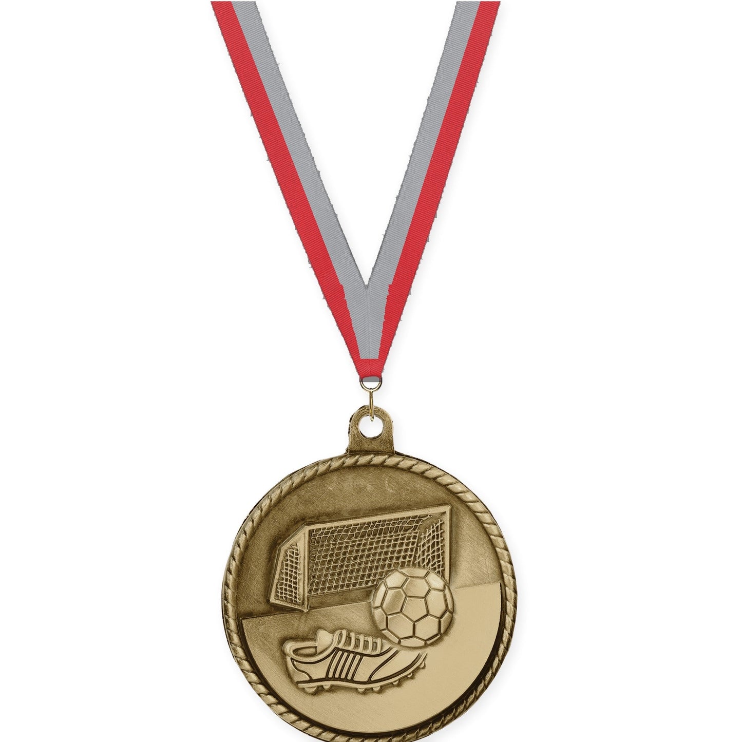 2 inch soccer High Relief medal in antique gold with Red Gray neck ribbon