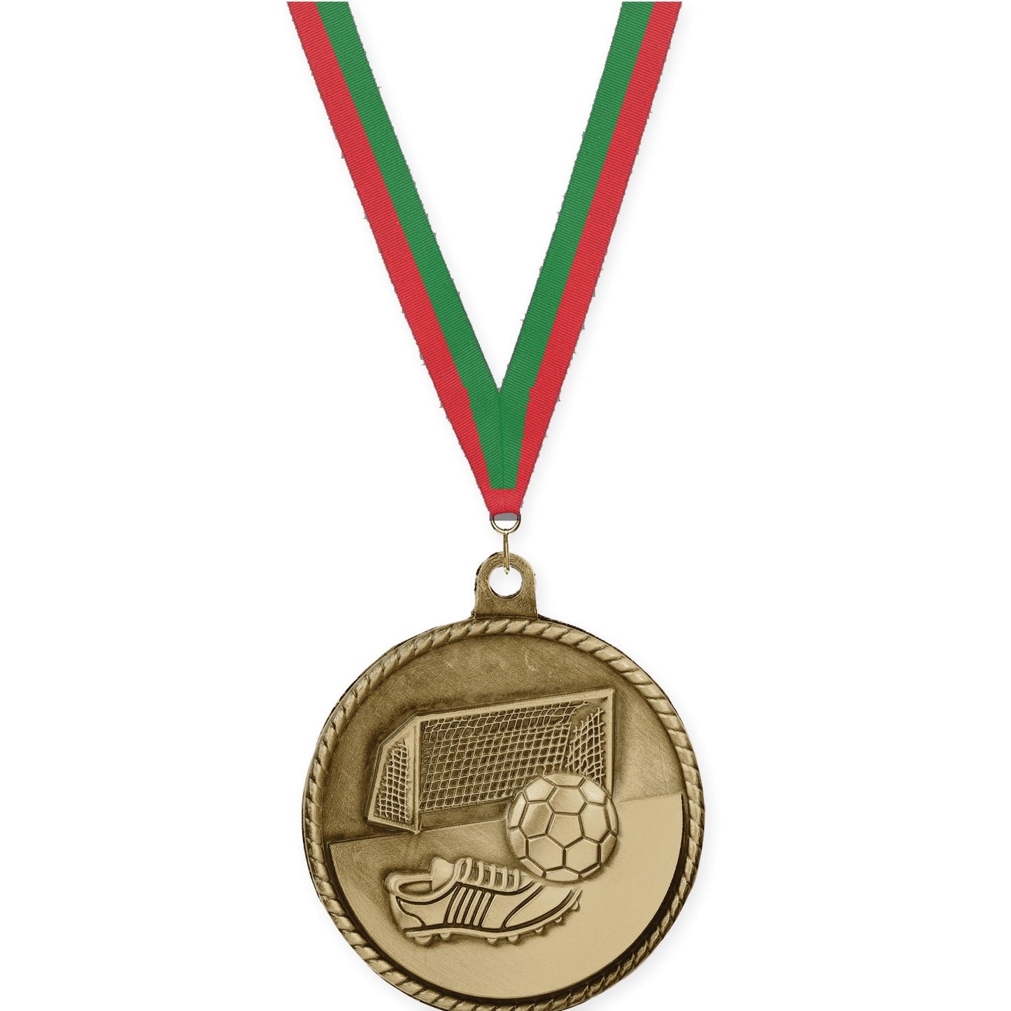 2 inch soccer High Relief medal in antique gold with Red Green neck ribbon