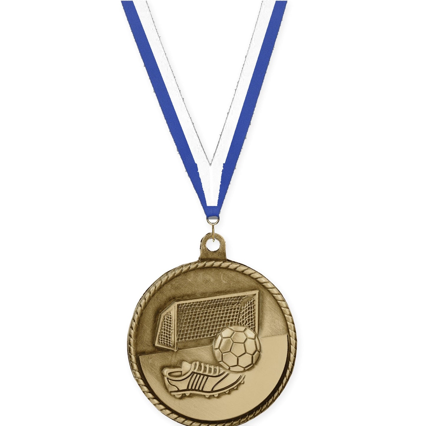 2 inch soccer High Relief medal in antique gold with Blue White neck ribbon