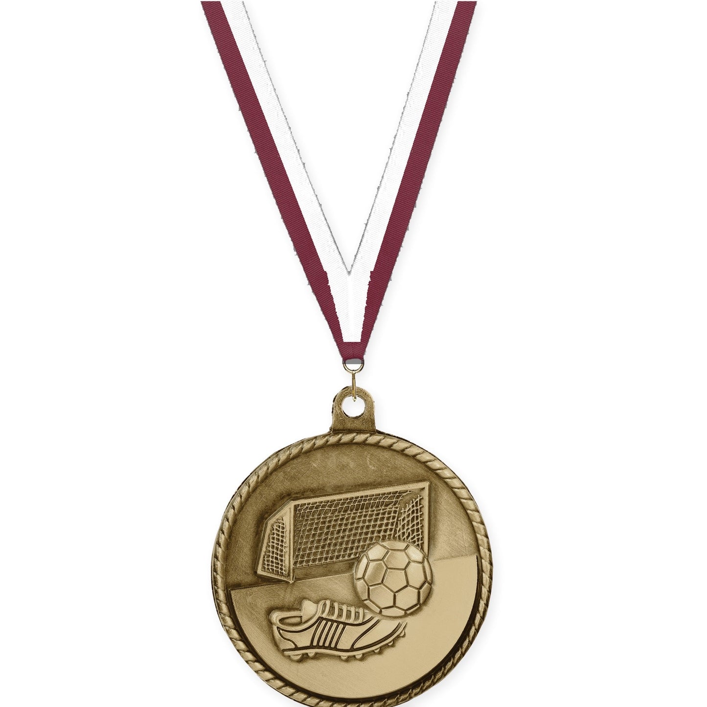 2 inch soccer High Relief medal in antique gold with Maroon White neck ribbon