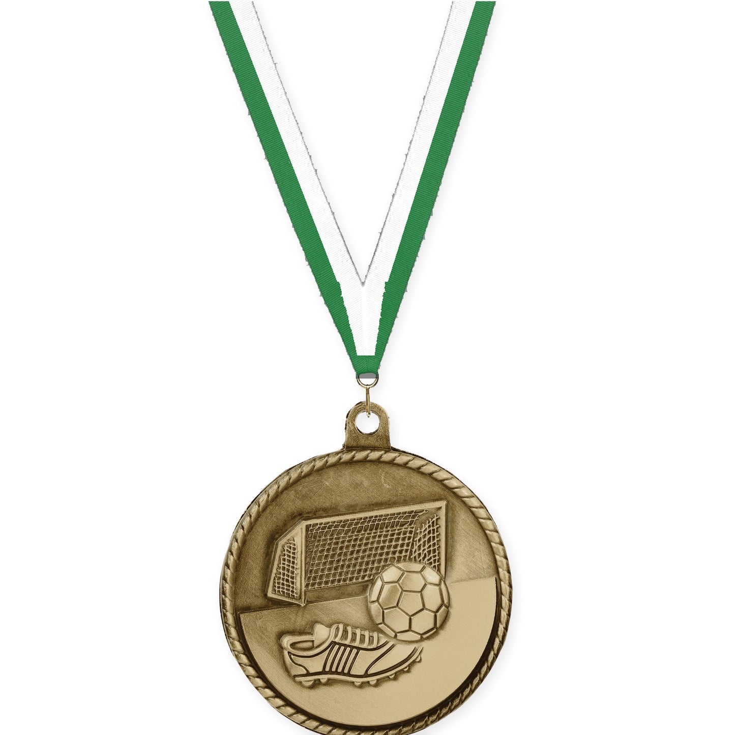2 inch soccer High Relief medal in antique gold with Green White neck ribbon