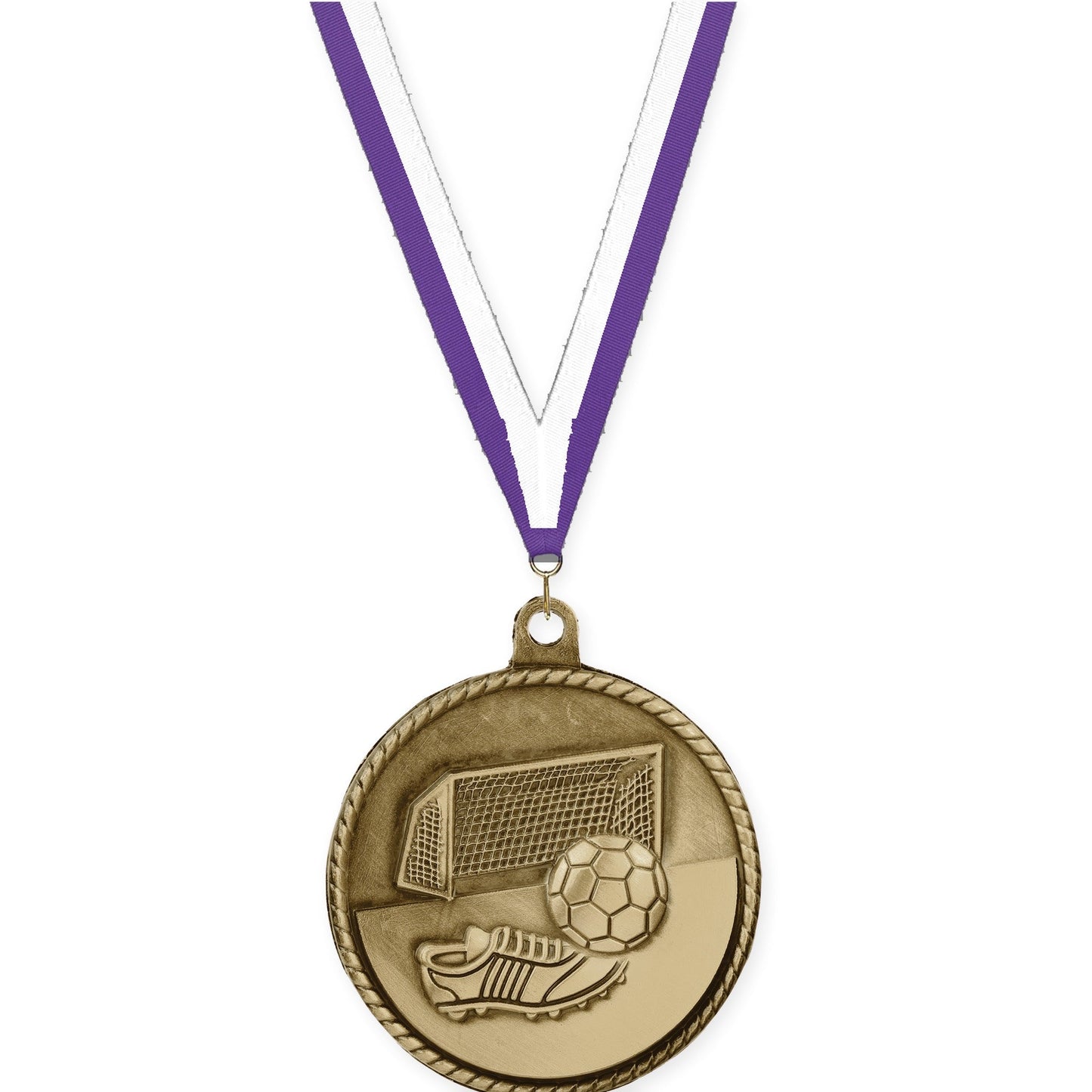 2 inch soccer High Relief medal in antique gold with Purple White neck ribbon