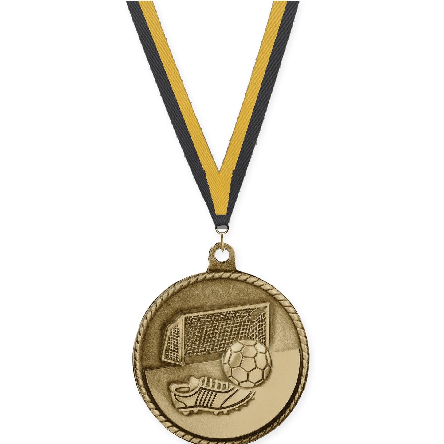 2 inch soccer High Relief medal in antique gold with Black Gold neck ribbon