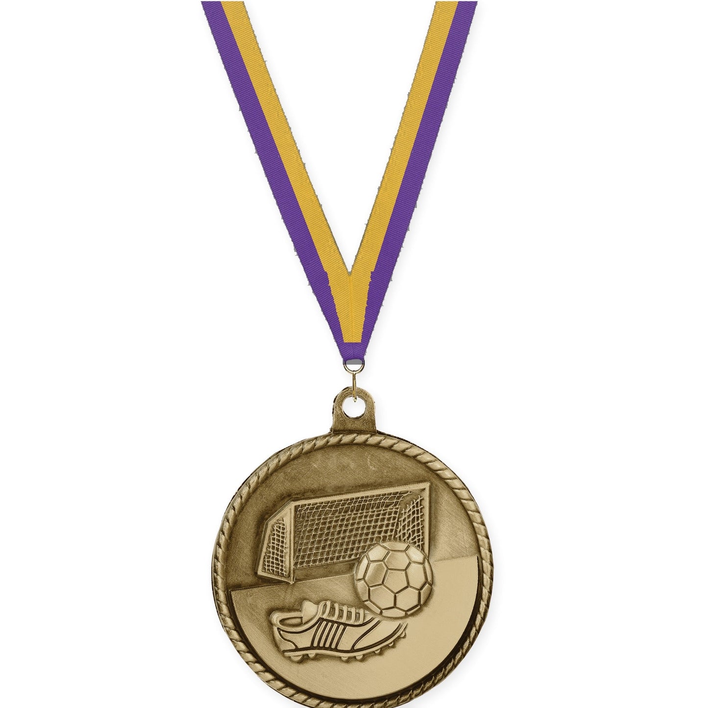 2 inch soccer High Relief medal in antique gold with Purple Gold neck ribbon