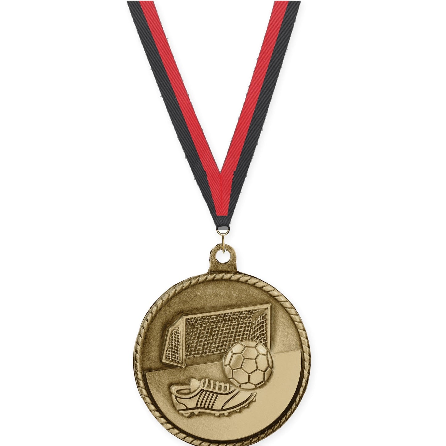 2 inch soccer High Relief medal in antique gold with Black Red neck ribbon