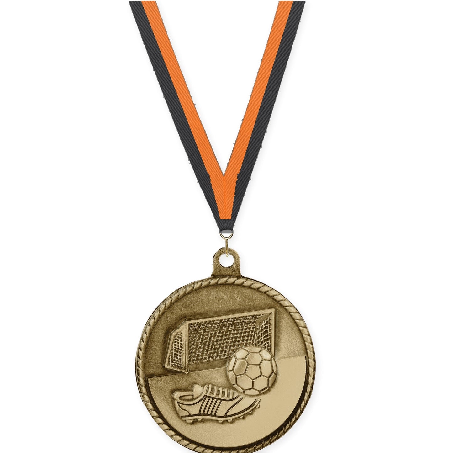 2 inch soccer High Relief medal in antique gold with Black Orange neck ribbon