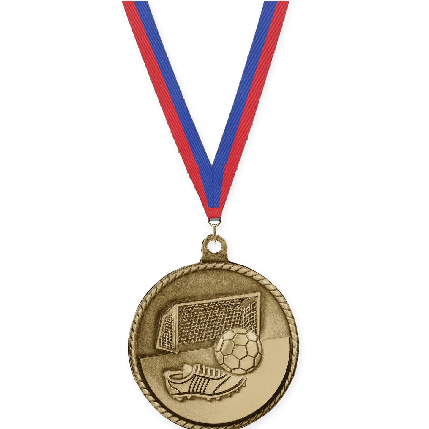 2 inch soccer High Relief medal in antique gold with Blue Red neck ribbon