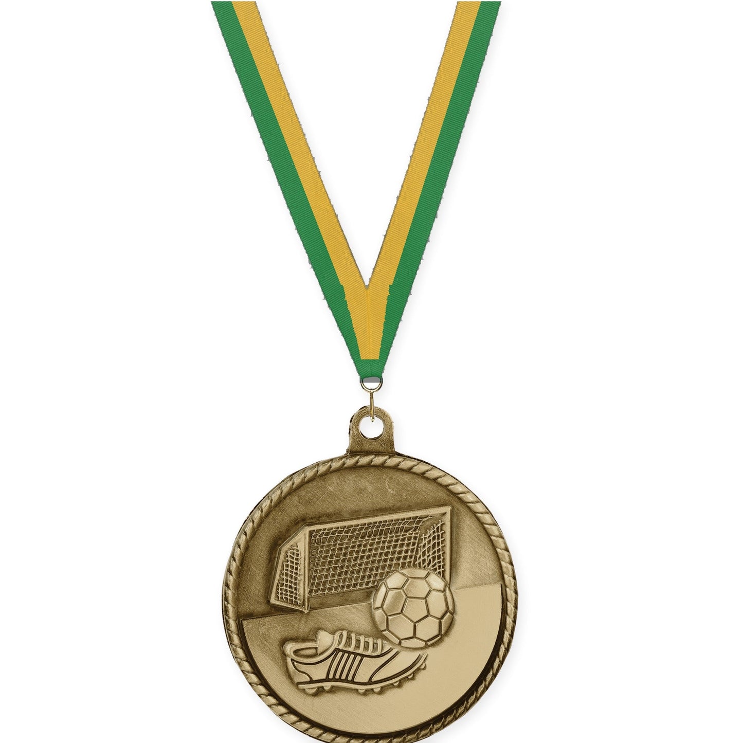 2 inch soccer High Relief medal in antique gold with Green Gold neck ribbon