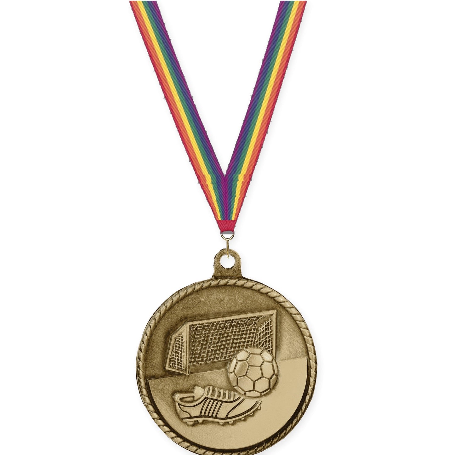 2 inch soccer High Relief medal in antique gold with Rainbow neck ribbon