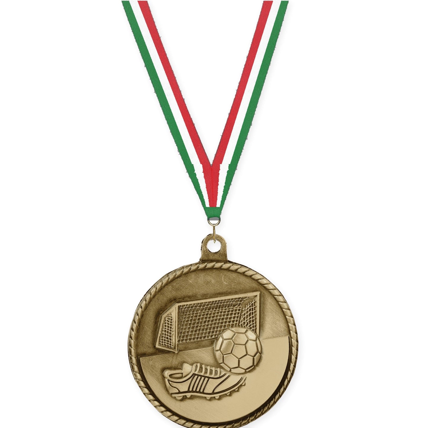 2 inch soccer High Relief medal in antique gold with Green White Red neck ribbon