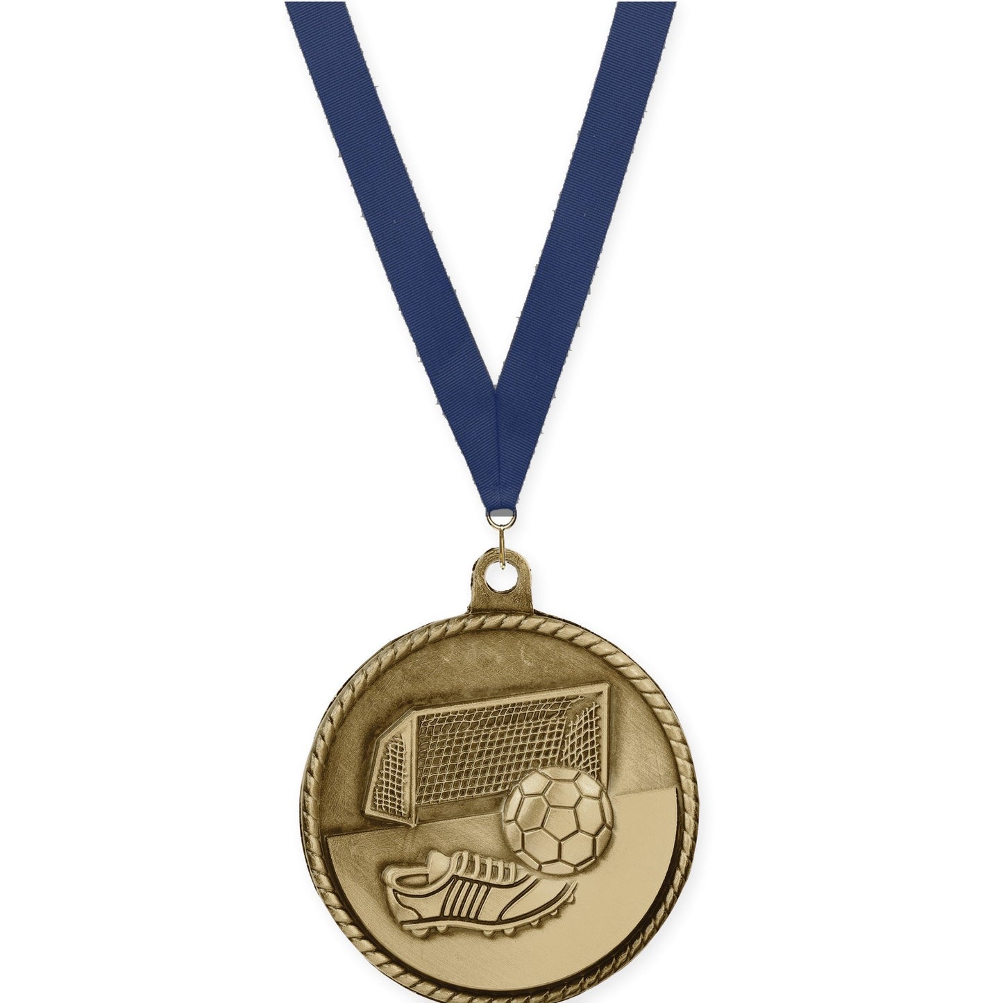 2 inch soccer High Relief medal in antique gold with Navy neck ribbon