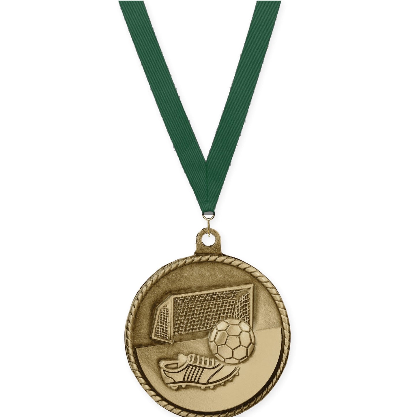 2 inch soccer High Relief medal in antique gold with Hunter Green neck ribbon