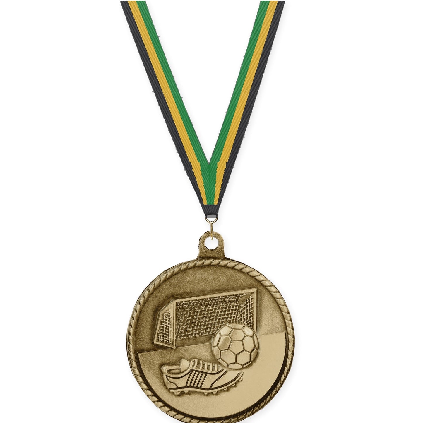 2 inch soccer High Relief medal in antique gold with Black Gold Green neck ribbon