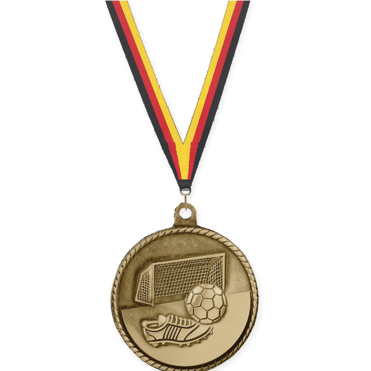 2 inch soccer High Relief medal in antique gold with Black Red Yellow neck ribbon