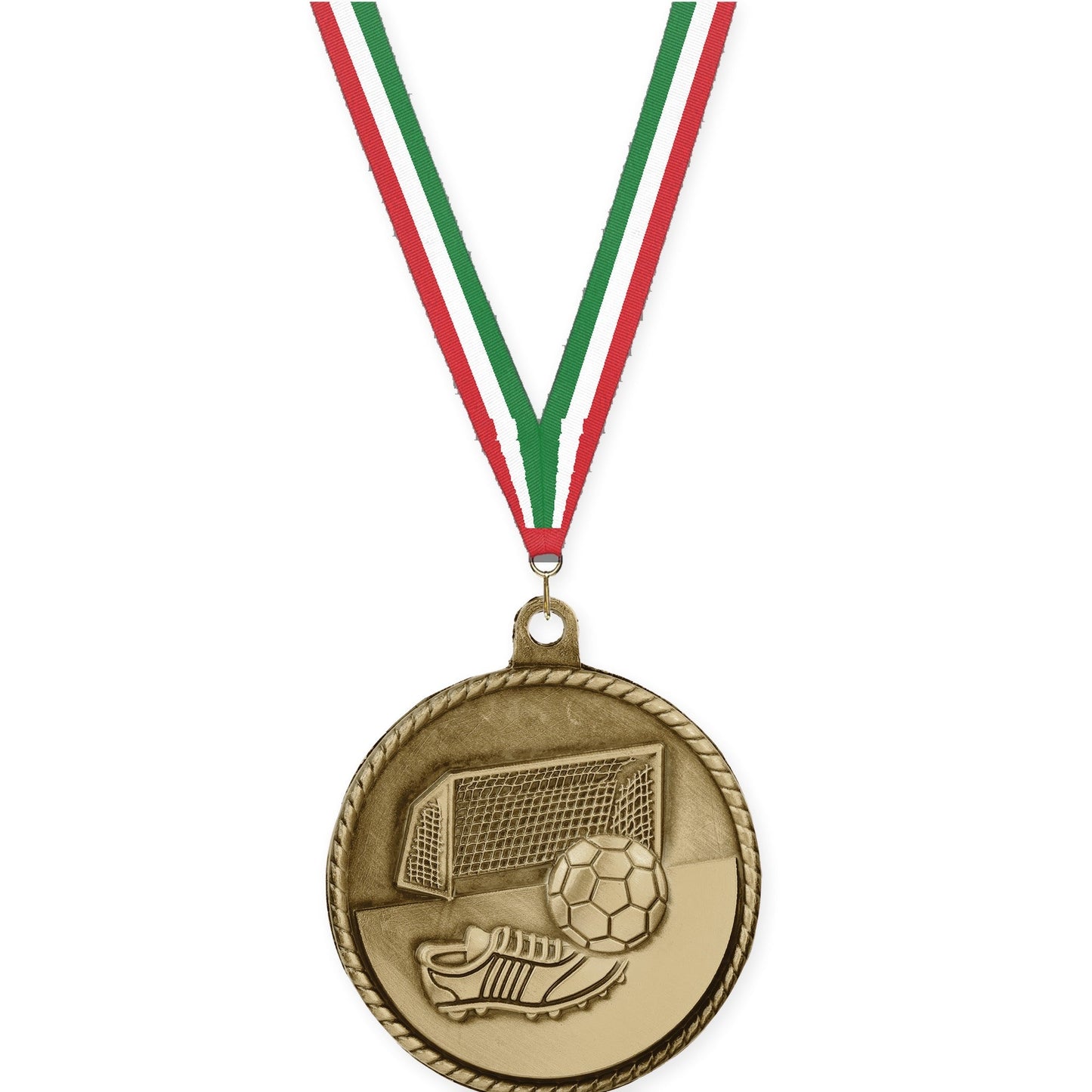 2 inch soccer High Relief medal in antique gold with Red White Green neck ribbon