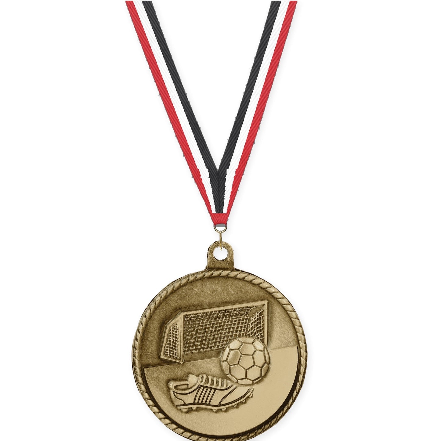 2 inch soccer High Relief medal in antique gold with Red White Black neck ribbon