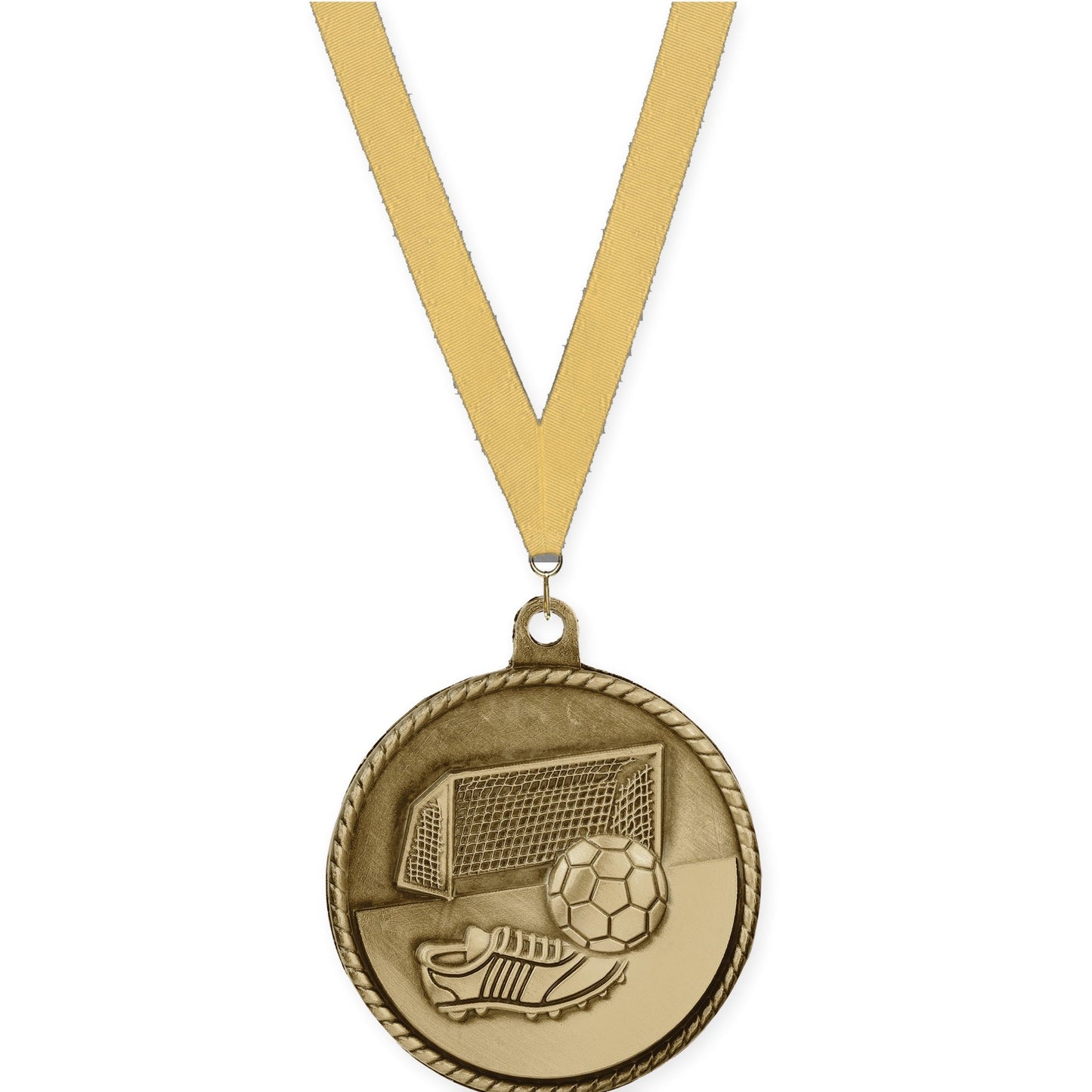 2 inch soccer High Relief medal in antique gold with Gold Metallic neck ribbon